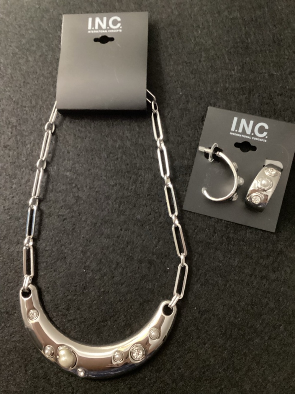 I.N.C. Silver Crystal & Imitation Pearl Curved Bar Statement Necklace & Earrings - Picture 8 of 12